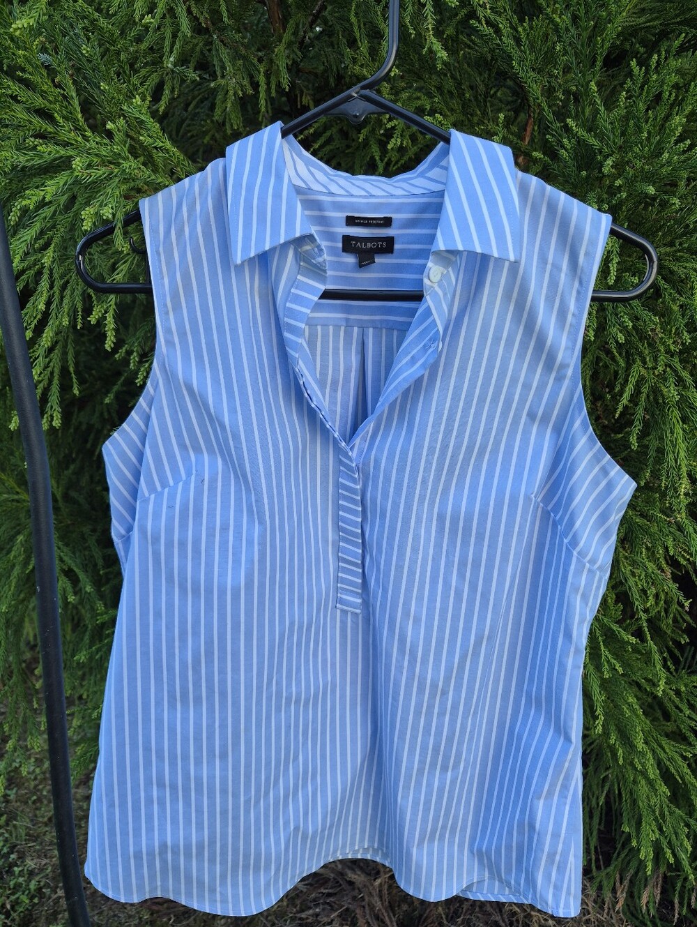 Talbots Light Blue and White Striped Sleeveless Collared Top